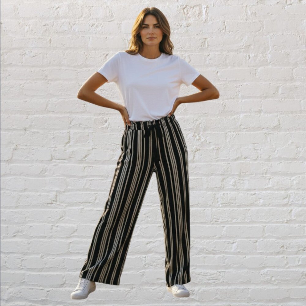 LOVE TREE -- Palazzo Pants, Wide Leg, Elastic Waist, Black/White Vertical Stripe